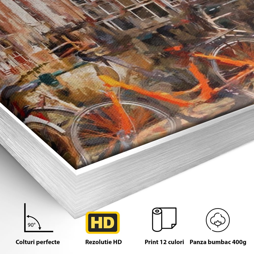 Tablou Canvas Premium LuxCanva® A1282, Bicicleta Portocalie, Living, Cladiri, Biciclete, Copac, Dormitor, Culori Vibrante