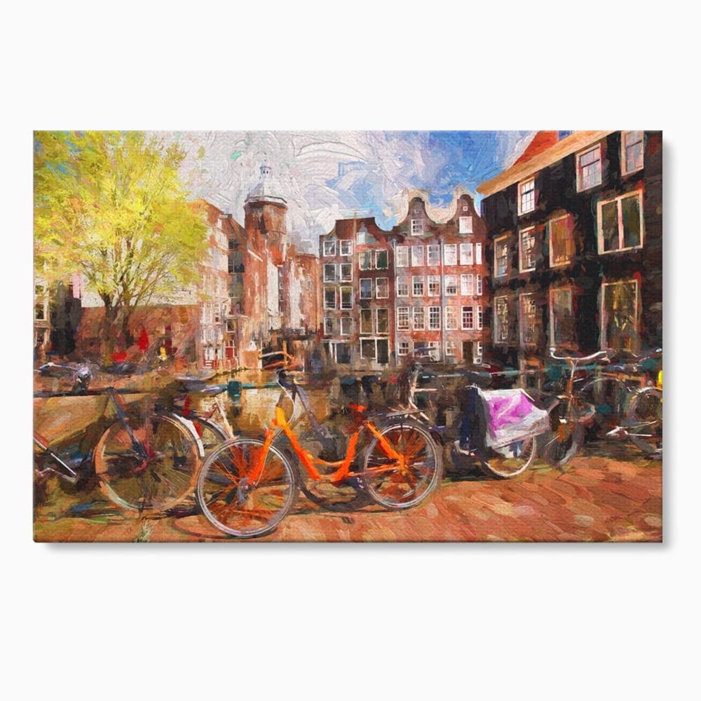 Tablou Canvas Premium LuxCanva® A1282, Bicicleta Portocalie, Living, Cladiri, Biciclete, Copac, Dormitor, Culori Vibrante