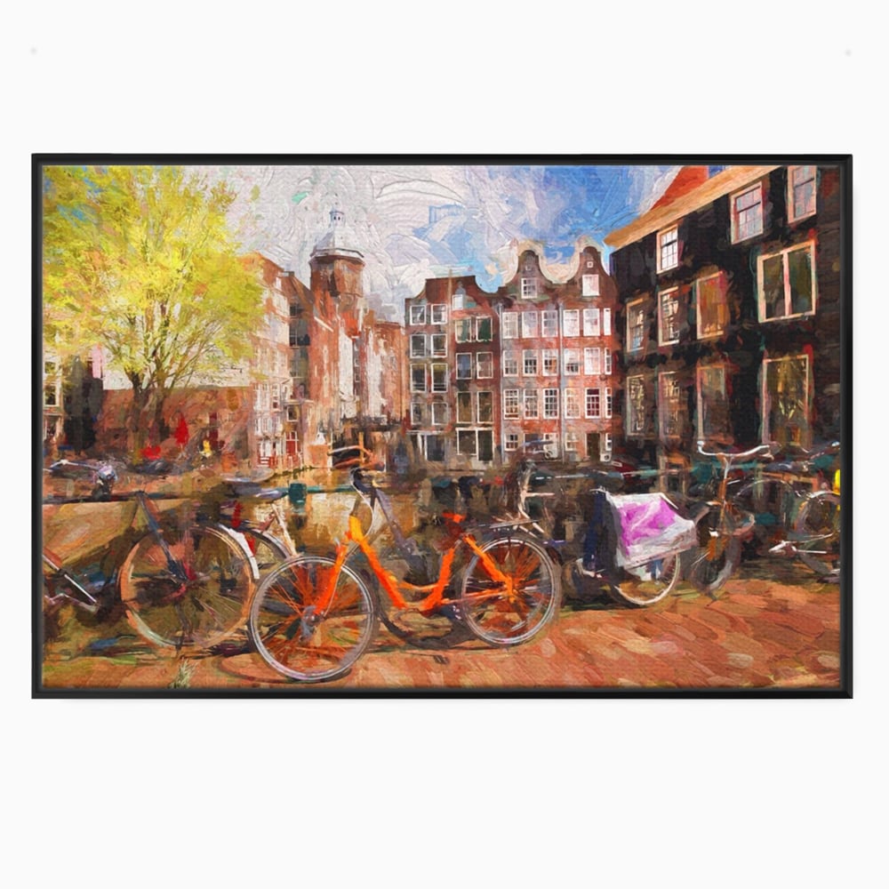 Tablou Canvas Premium LuxCanva® A1282, Bicicleta Portocalie, Living, Cladiri, Biciclete, Copac, Dormitor, Culori Vibrante