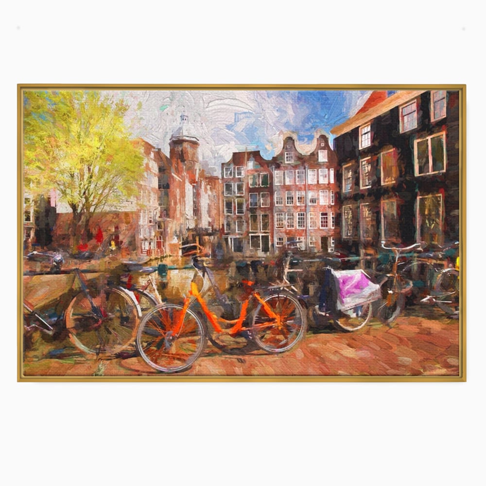 Tablou Canvas Premium LuxCanva® A1282, Bicicleta Portocalie, Living, Cladiri, Biciclete, Copac, Dormitor, Culori Vibrante