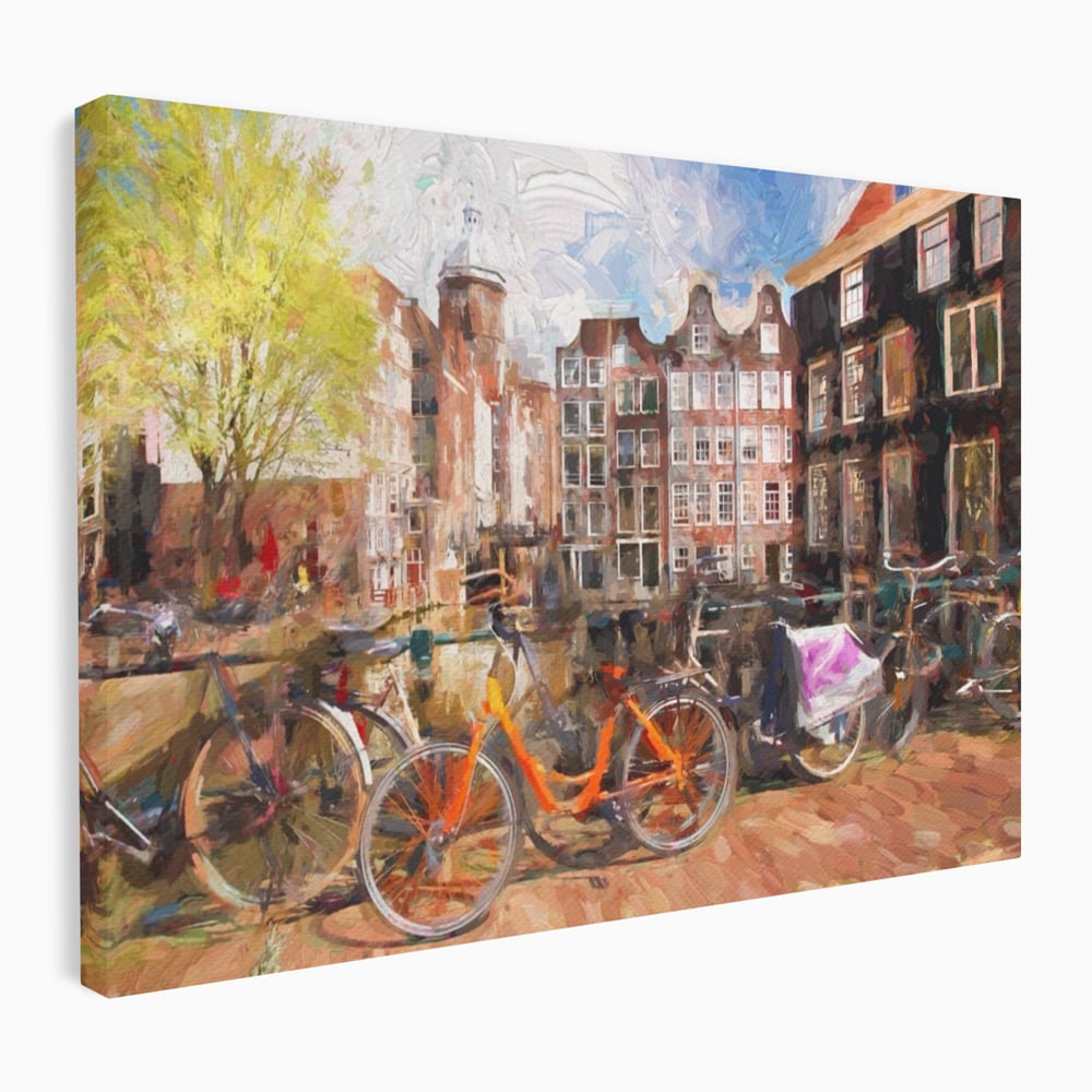 Tablou Canvas Premium LuxCanva® A1282, Bicicleta Portocalie, Living, Cladiri, Biciclete, Copac, Dormitor, Culori Vibrante