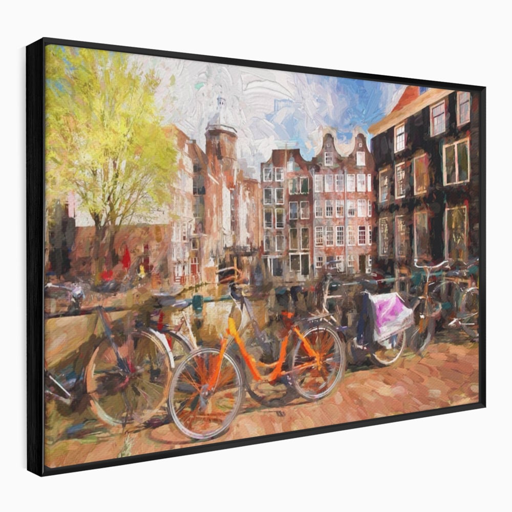 Tablou Canvas Premium LuxCanva® A1282, Bicicleta Portocalie, Living, Cladiri, Biciclete, Copac, Dormitor, Culori Vibrante