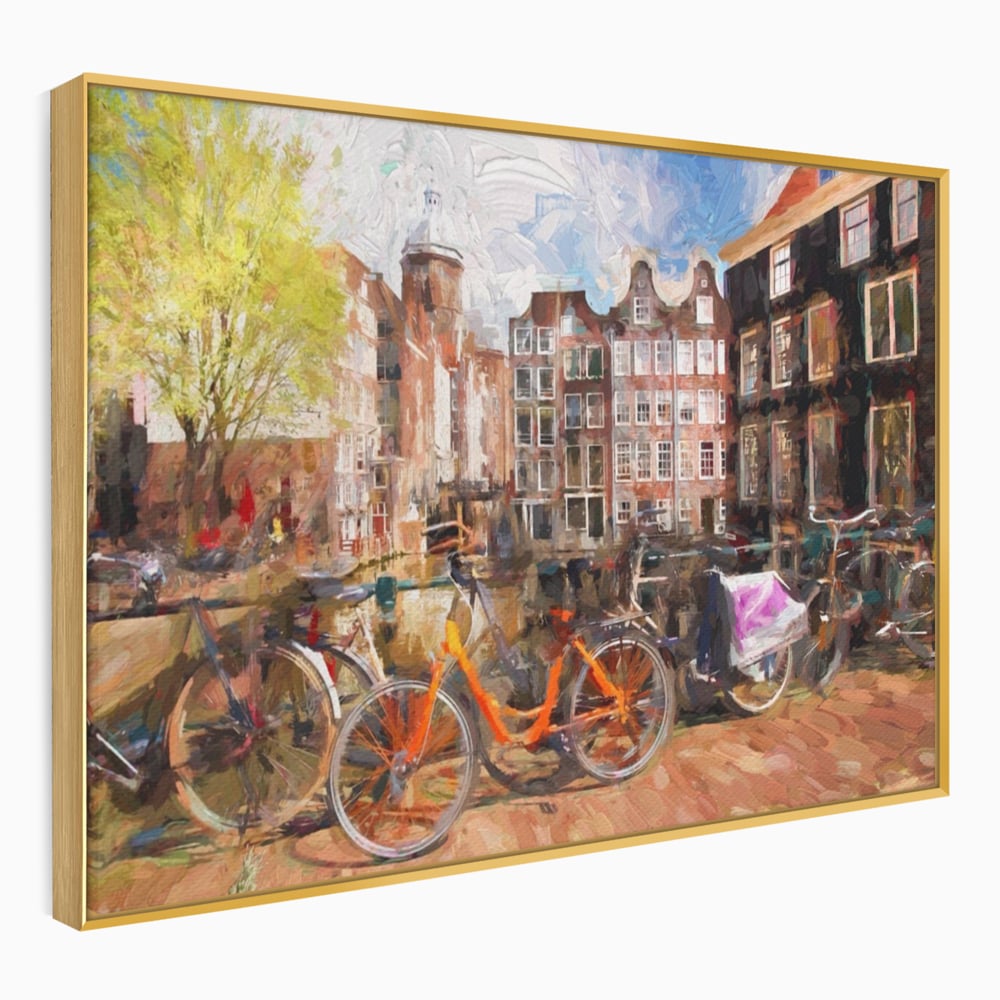 Tablou Canvas Premium LuxCanva® A1282, Bicicleta Portocalie, Living, Cladiri, Biciclete, Copac, Dormitor, Culori Vibrante