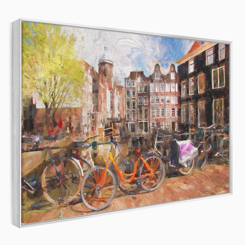 Tablou Canvas Premium LuxCanva® A1282, Bicicleta Portocalie, Living, Cladiri, Biciclete, Copac, Dormitor, Culori Vibrante