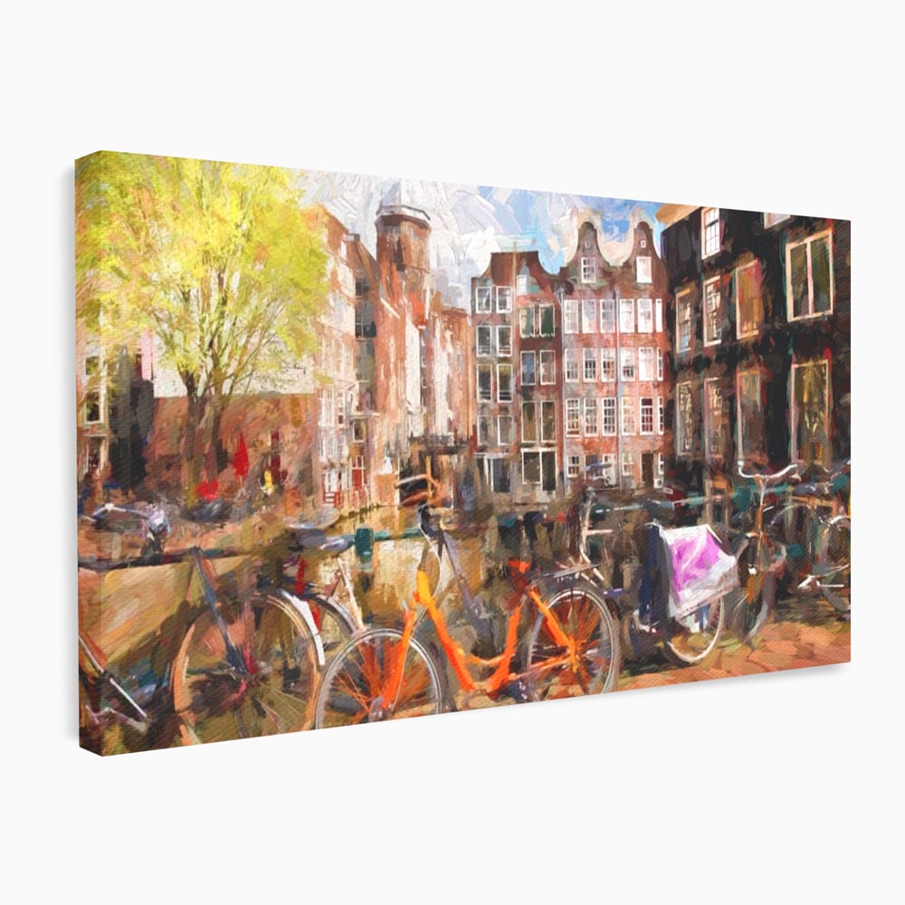Tablou Canvas Premium LuxCanva® A1282, Bicicleta Portocalie, Living, Cladiri, Biciclete, Copac, Dormitor, Culori Vibrante