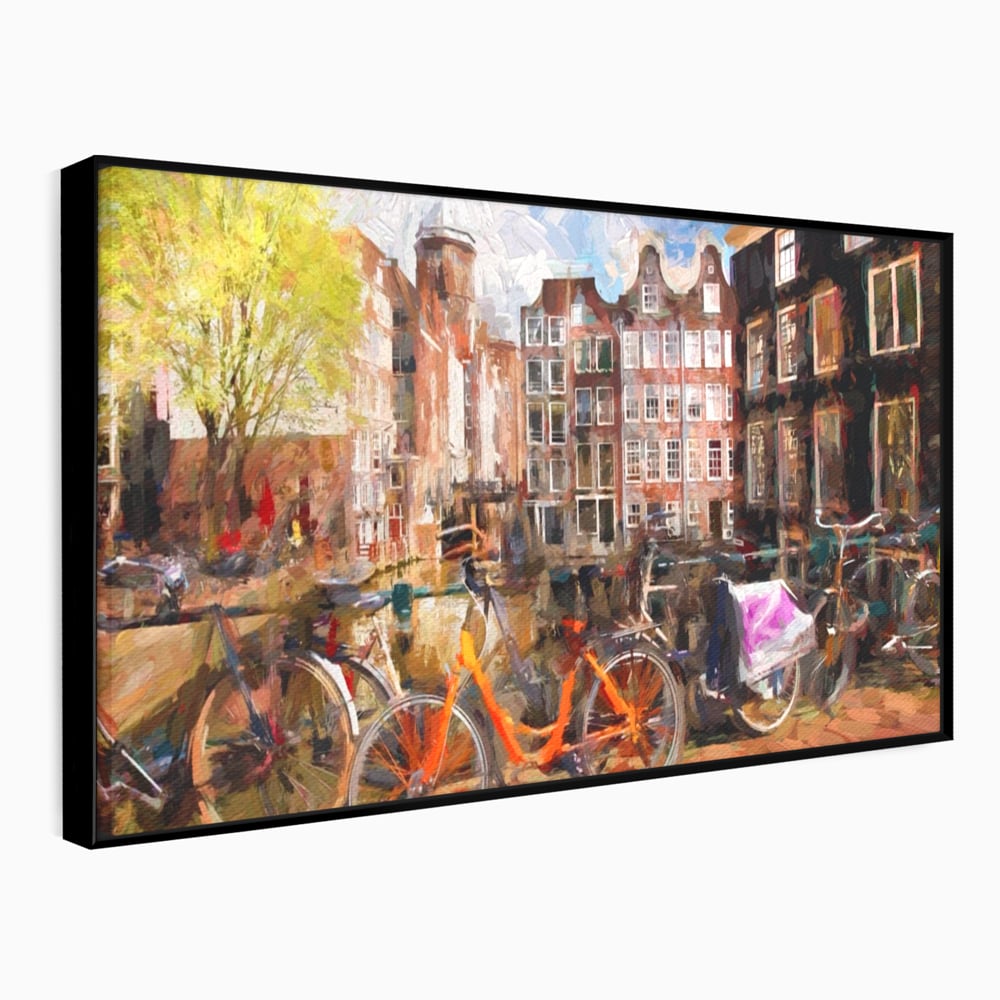 Tablou Canvas Premium LuxCanva® A1282, Bicicleta Portocalie, Living, Cladiri, Biciclete, Copac, Dormitor, Culori Vibrante