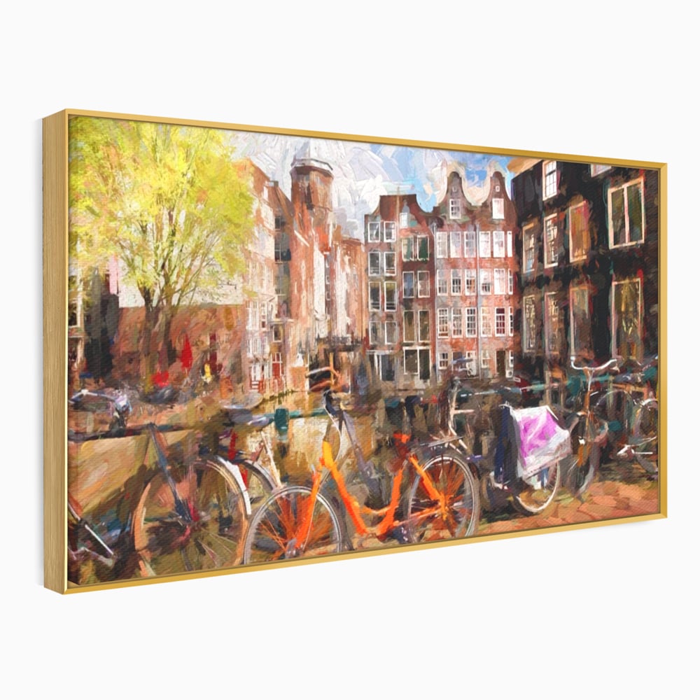 Tablou Canvas Premium LuxCanva® A1282, Bicicleta Portocalie, Living, Cladiri, Biciclete, Copac, Dormitor, Culori Vibrante