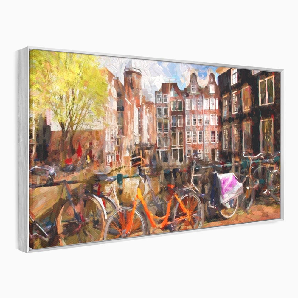Tablou Canvas Premium LuxCanva® A1282, Bicicleta Portocalie, Living, Cladiri, Biciclete, Copac, Dormitor, Culori Vibrante