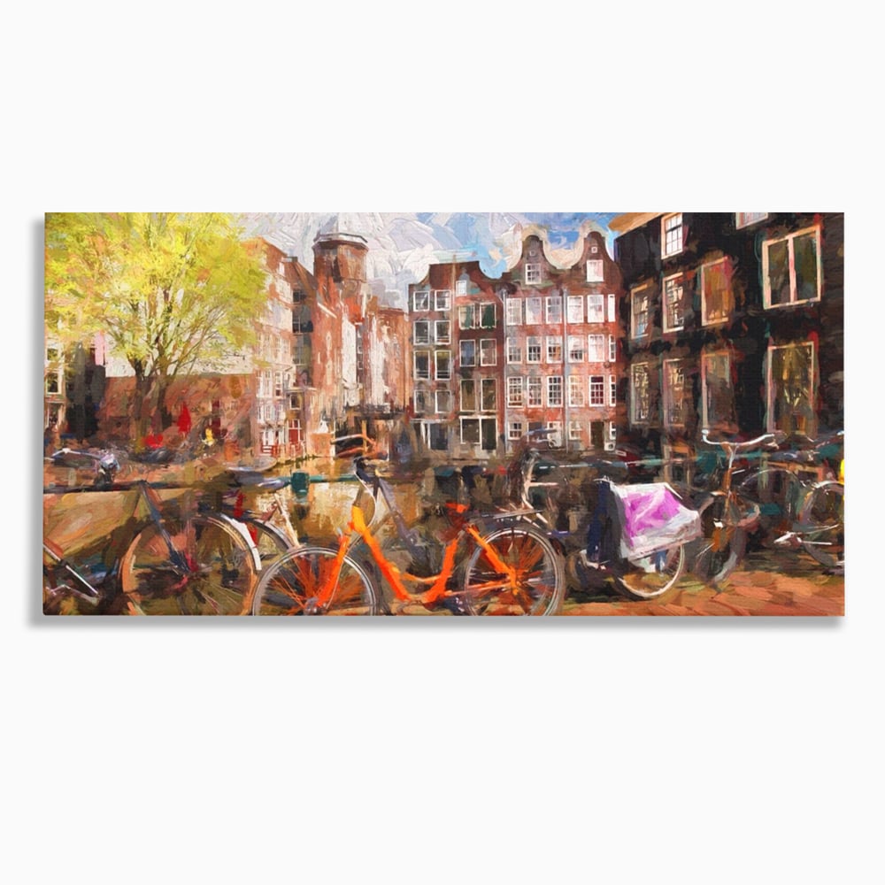 Tablou Canvas Premium LuxCanva® A1282, Bicicleta Portocalie, Living, Cladiri, Biciclete, Copac, Dormitor, Culori Vibrante