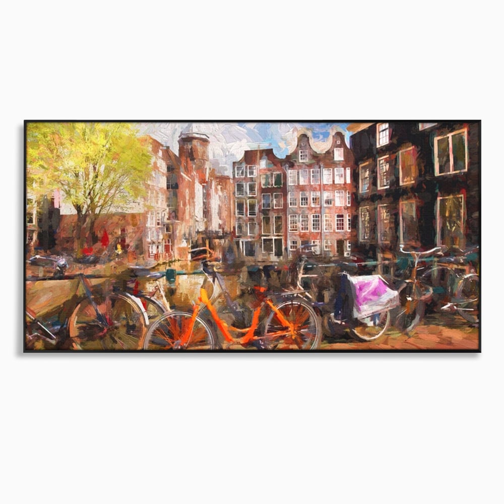 Tablou Canvas Premium LuxCanva® A1282, Bicicleta Portocalie, Living, Cladiri, Biciclete, Copac, Dormitor, Culori Vibrante