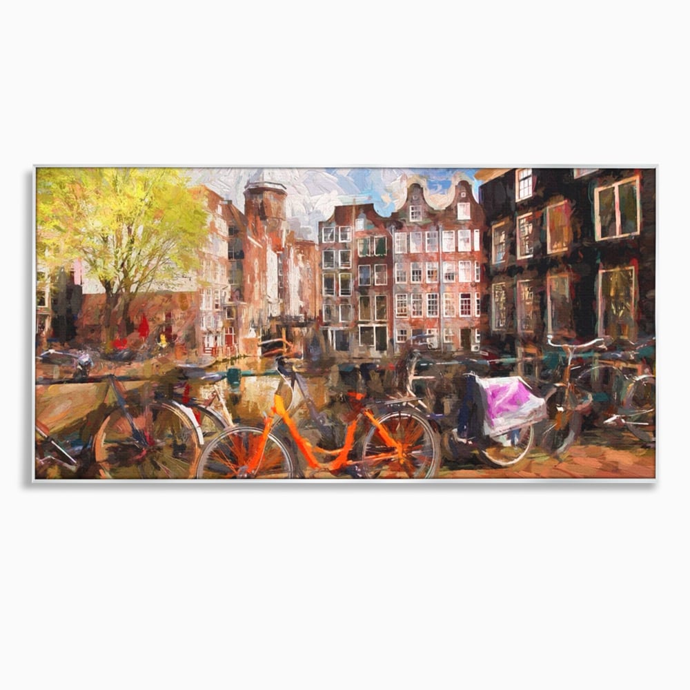 Tablou Canvas Premium LuxCanva® A1282, Bicicleta Portocalie, Living, Cladiri, Biciclete, Copac, Dormitor, Culori Vibrante