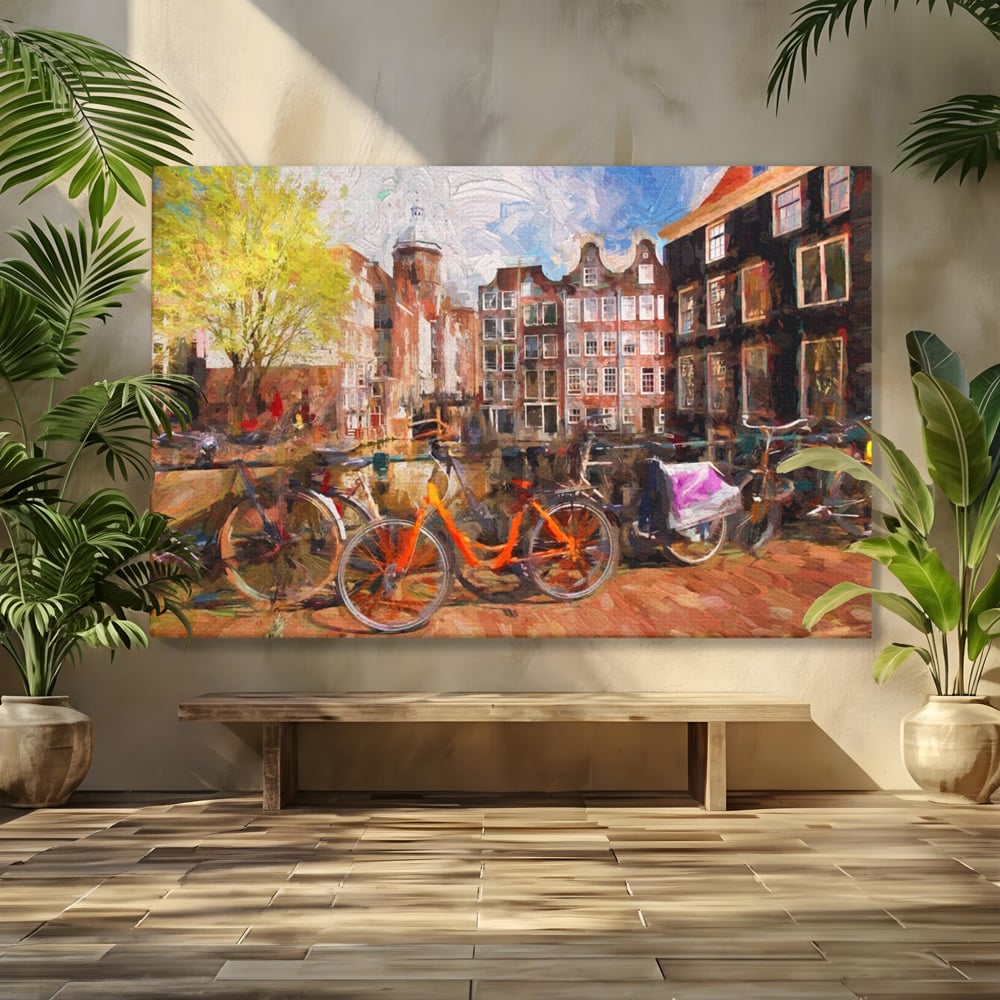Tablou Canvas Premium LuxCanva® A1282, Bicicleta Portocalie, Living, Cladiri, Biciclete, Copac, Dormitor, Culori Vibrante