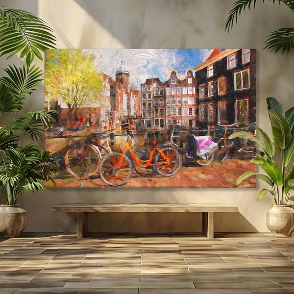 Tablou Canvas Premium LuxCanva® A1282, Bicicleta Portocalie, Living, Cladiri, Biciclete, Copac, Dormitor, Culori Vibrante