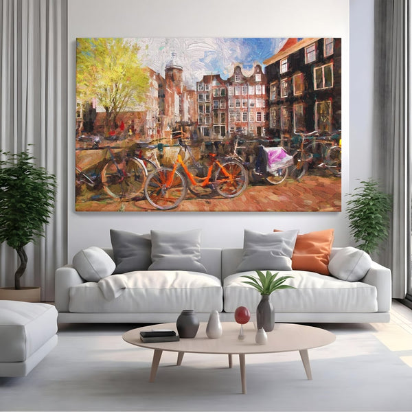 Tablou Canvas Premium LuxCanva® A1282, Bicicleta Portocalie, Living, Cladiri, Biciclete, Copac, Dormitor, Culori Vibrante