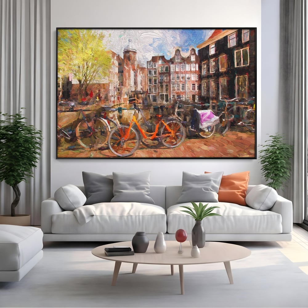 Tablou Canvas Premium LuxCanva® A1282, Bicicleta Portocalie, Living, Cladiri, Biciclete, Copac, Dormitor, Culori Vibrante