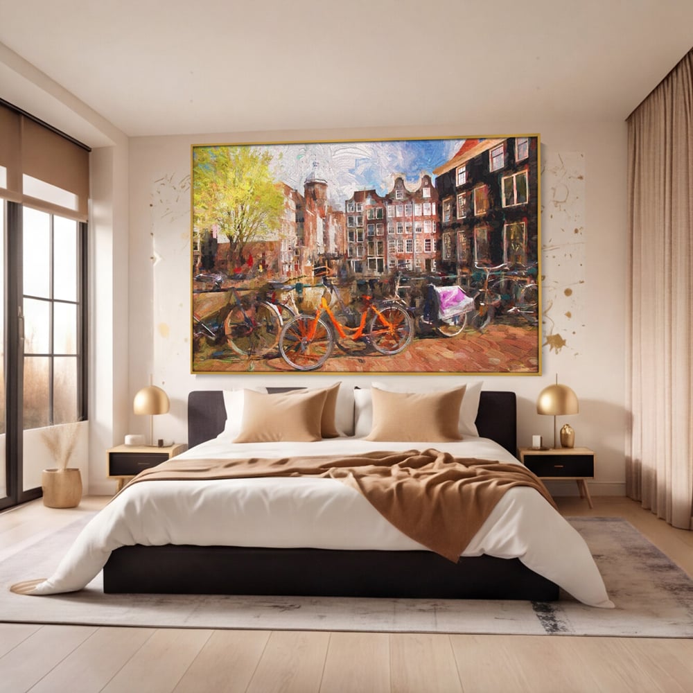 Tablou Canvas Premium LuxCanva® A1282, Bicicleta Portocalie, Living, Cladiri, Biciclete, Copac, Dormitor, Culori Vibrante