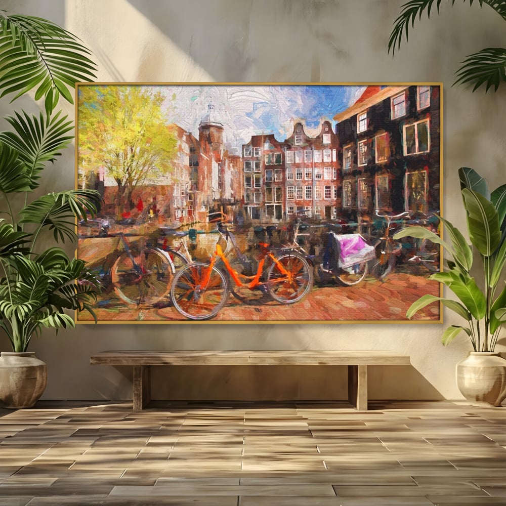 Tablou Canvas Premium LuxCanva® A1282, Bicicleta Portocalie, Living, Cladiri, Biciclete, Copac, Dormitor, Culori Vibrante
