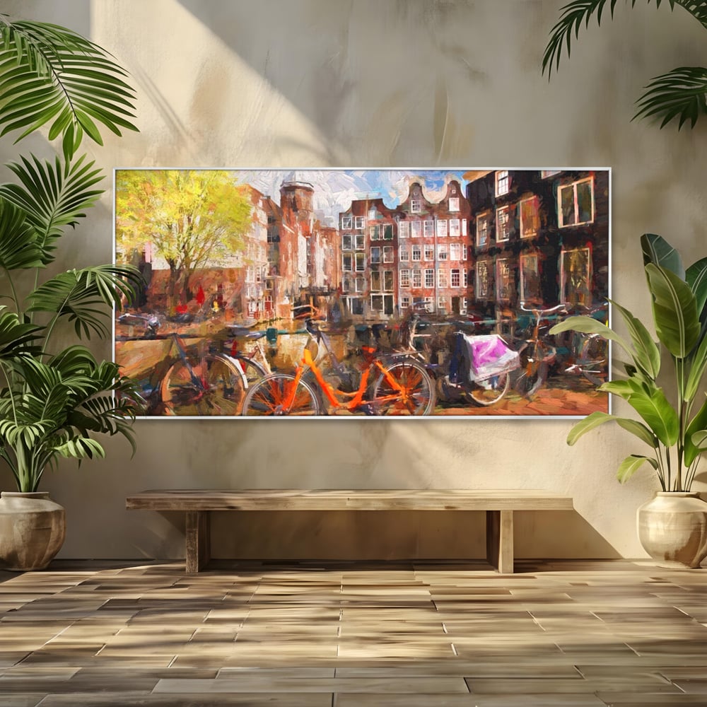 Tablou Canvas Premium LuxCanva® A1282, Bicicleta Portocalie, Living, Cladiri, Biciclete, Copac, Dormitor, Culori Vibrante