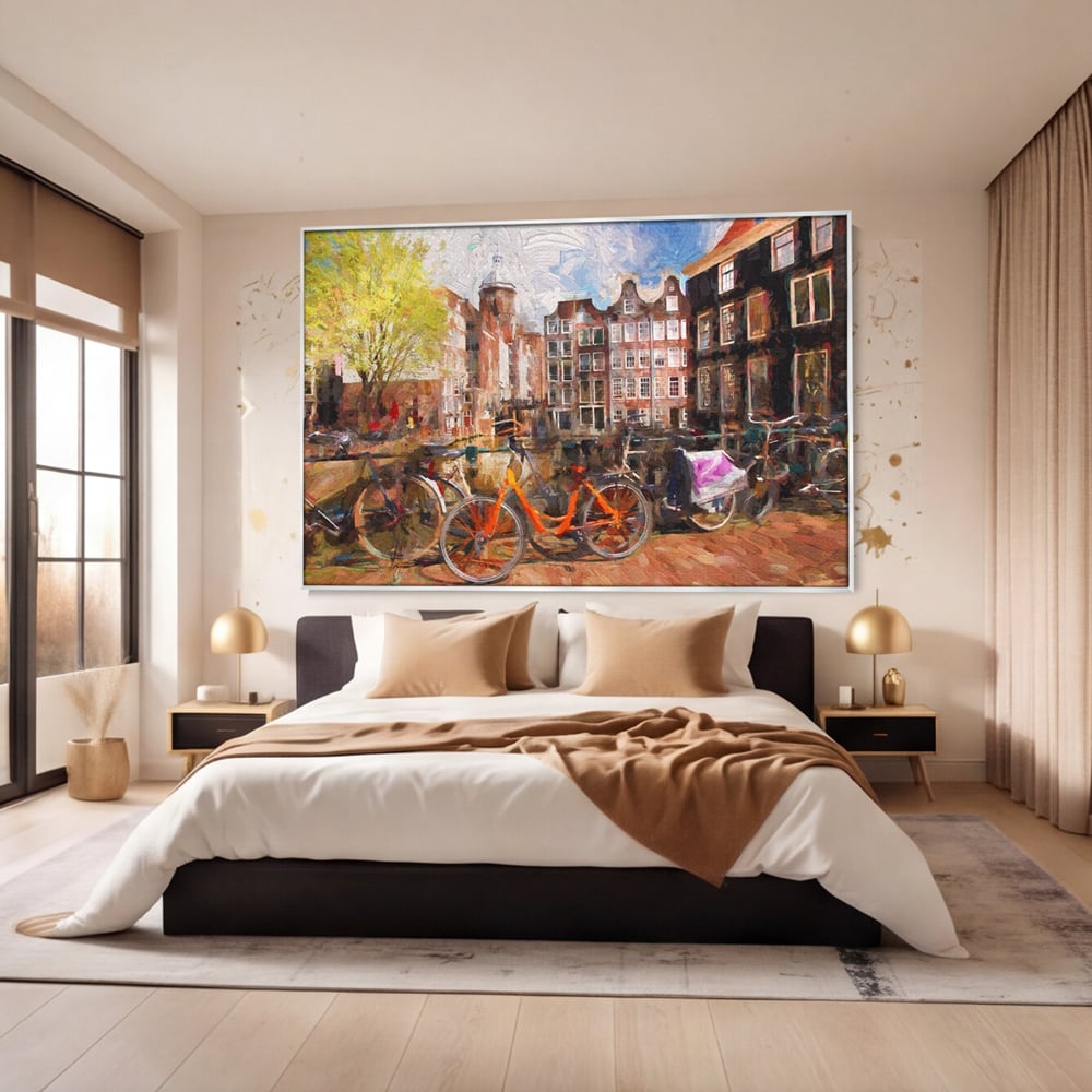 Tablou Canvas Premium LuxCanva® A1282, Bicicleta Portocalie, Living, Cladiri, Biciclete, Copac, Dormitor, Culori Vibrante