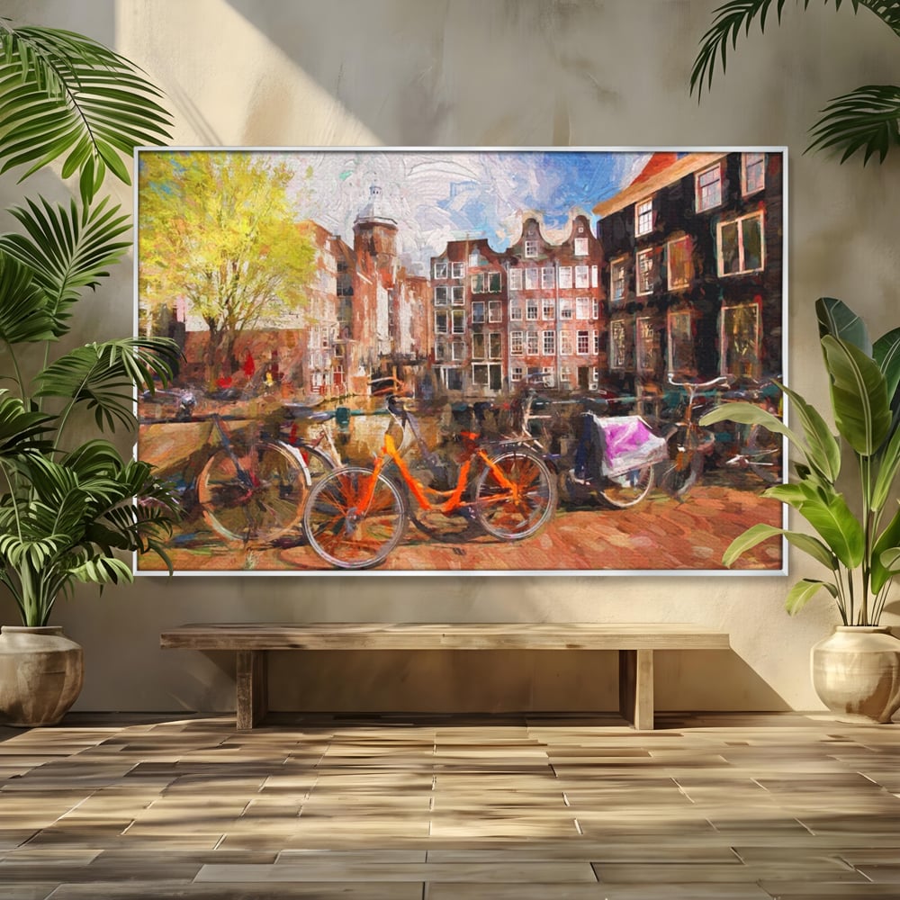 Tablou Canvas Premium LuxCanva® A1282, Bicicleta Portocalie, Living, Cladiri, Biciclete, Copac, Dormitor, Culori Vibrante