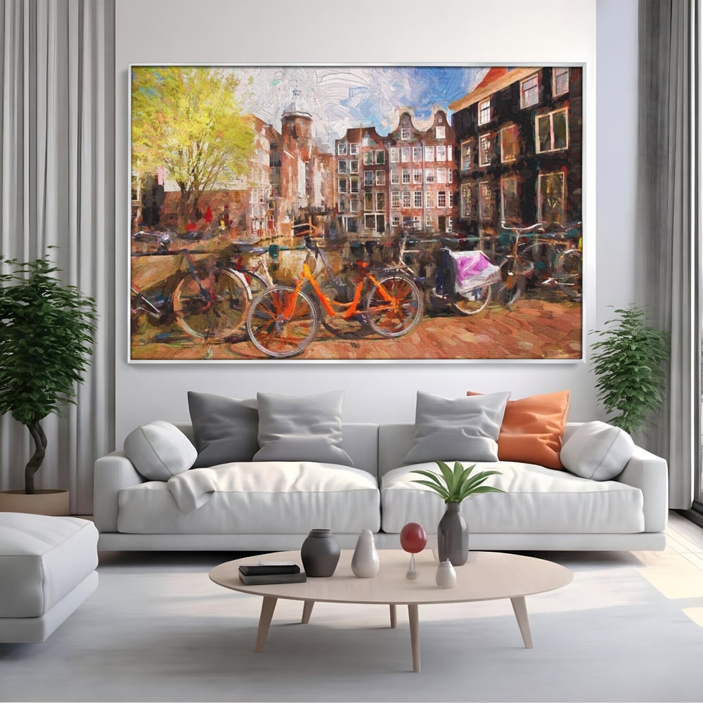 Tablou Canvas Premium LuxCanva® A1282, Bicicleta Portocalie, Living, Cladiri, Biciclete, Copac, Dormitor, Culori Vibrante