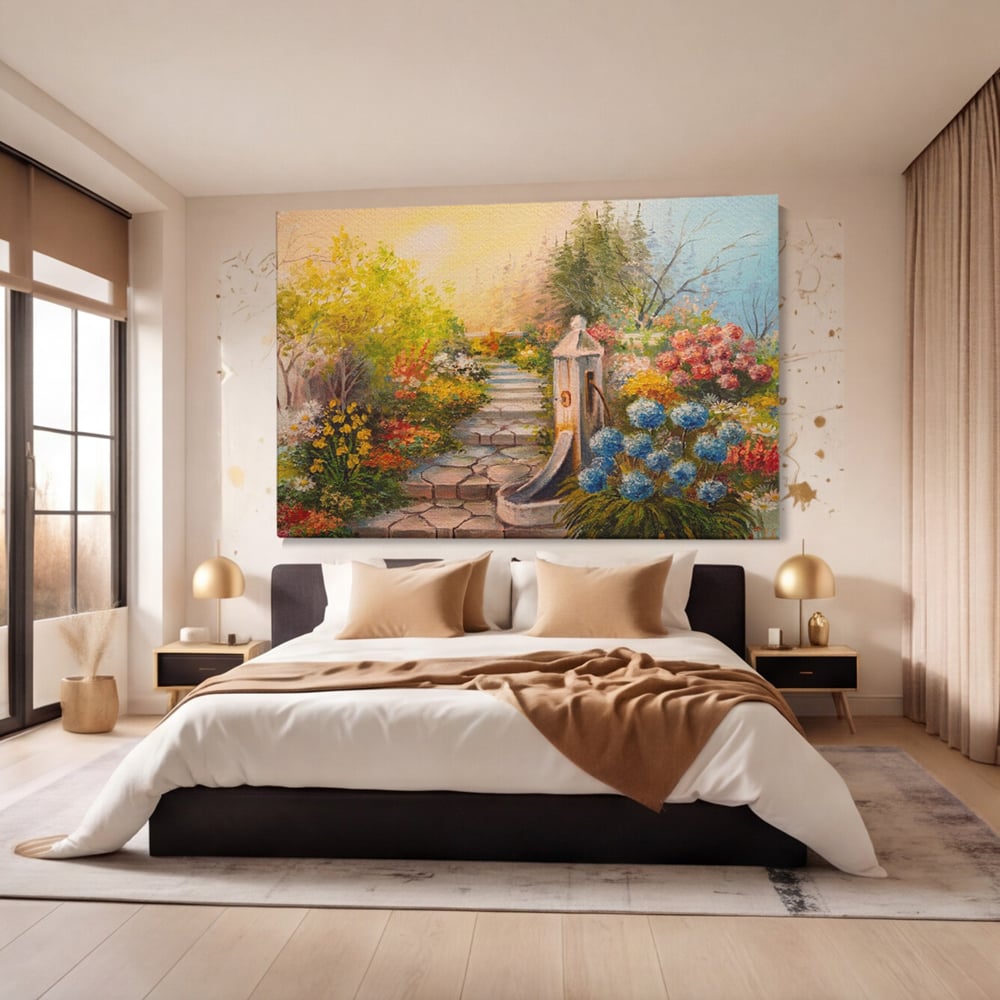 Tablou Canvas Premium LuxCanva® A1283, Scarile Cu Flori, Living, Flori, Alee, Copaci, Dormitor, Culori Vibrante