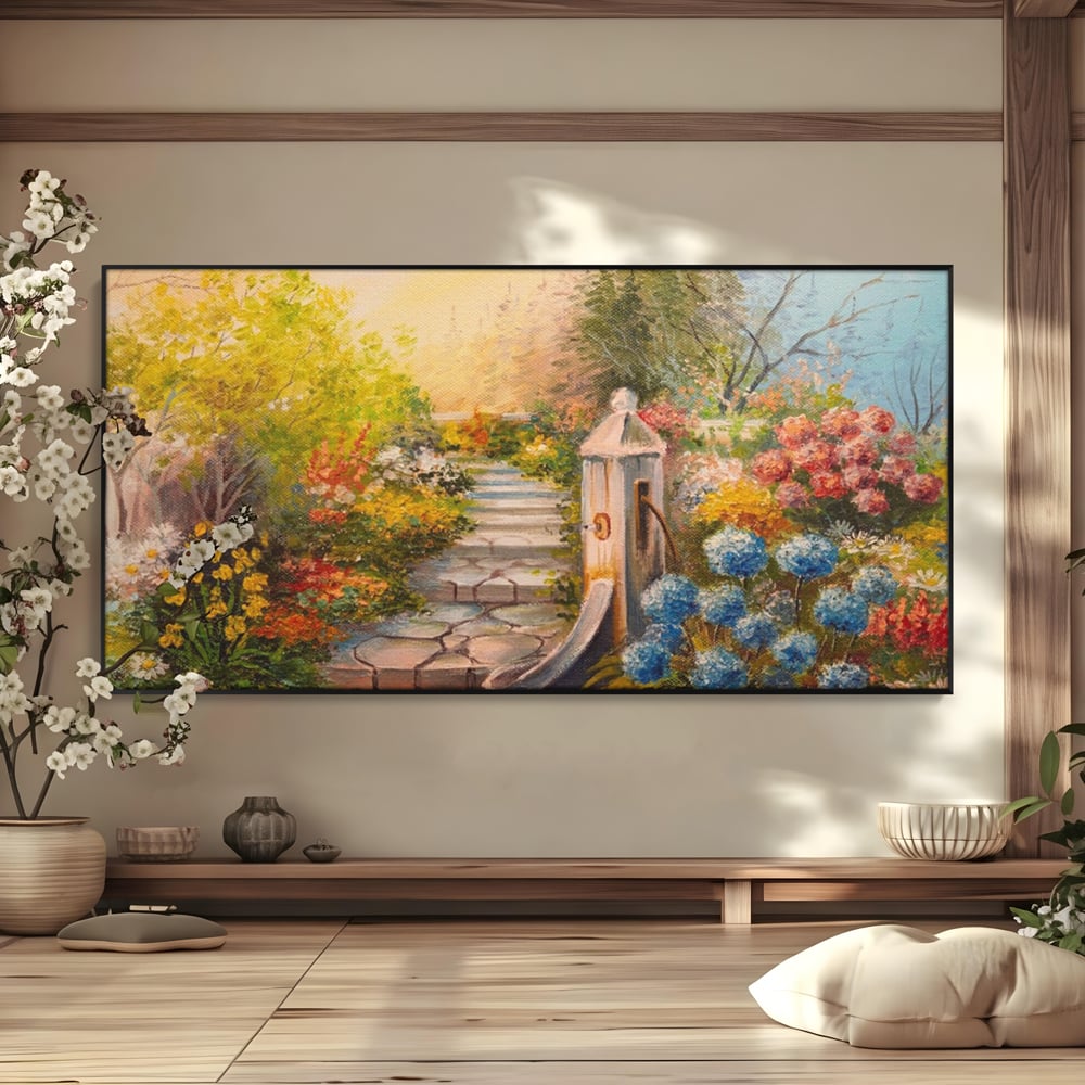 Tablou Canvas Premium LuxCanva® A1283, Scarile Cu Flori, Living, Flori, Alee, Copaci, Dormitor, Culori Vibrante