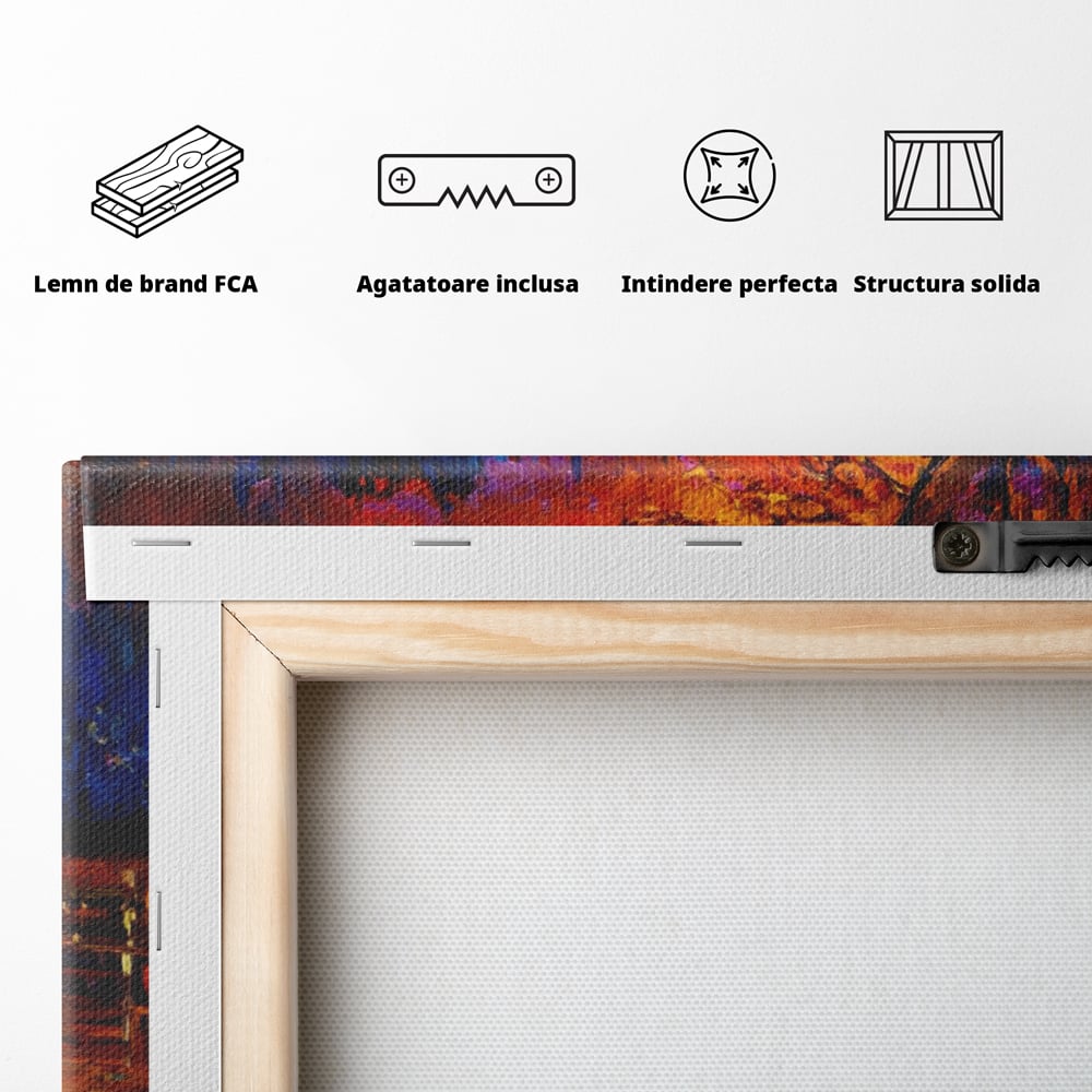 Tablou Canvas Premium LuxCanva® A1284, Luna Rosie, Living, Banca, Lac, Padure, Copac, Dormitor, Culori Vibrante
