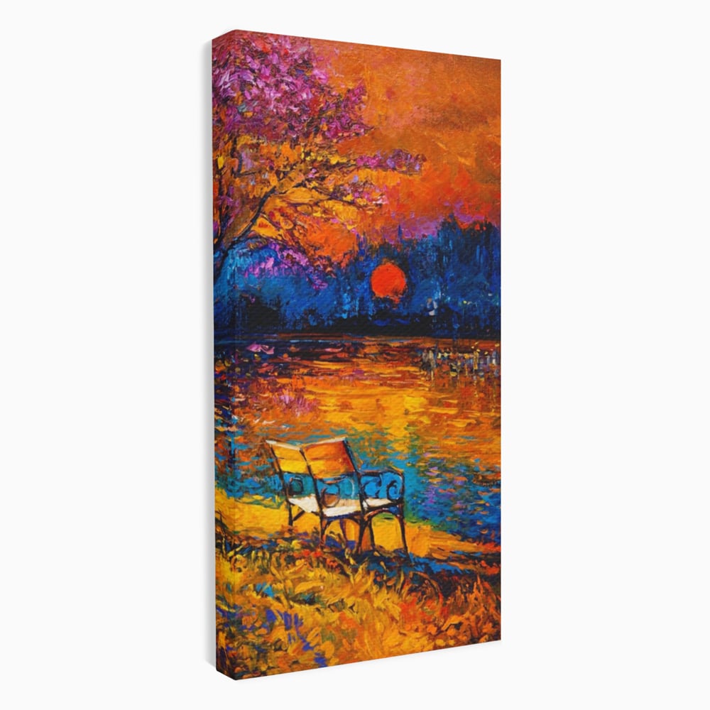 Tablou Canvas Premium LuxCanva® A1284, Luna Rosie, Living, Banca, Lac, Padure, Copac, Dormitor, Culori Vibrante