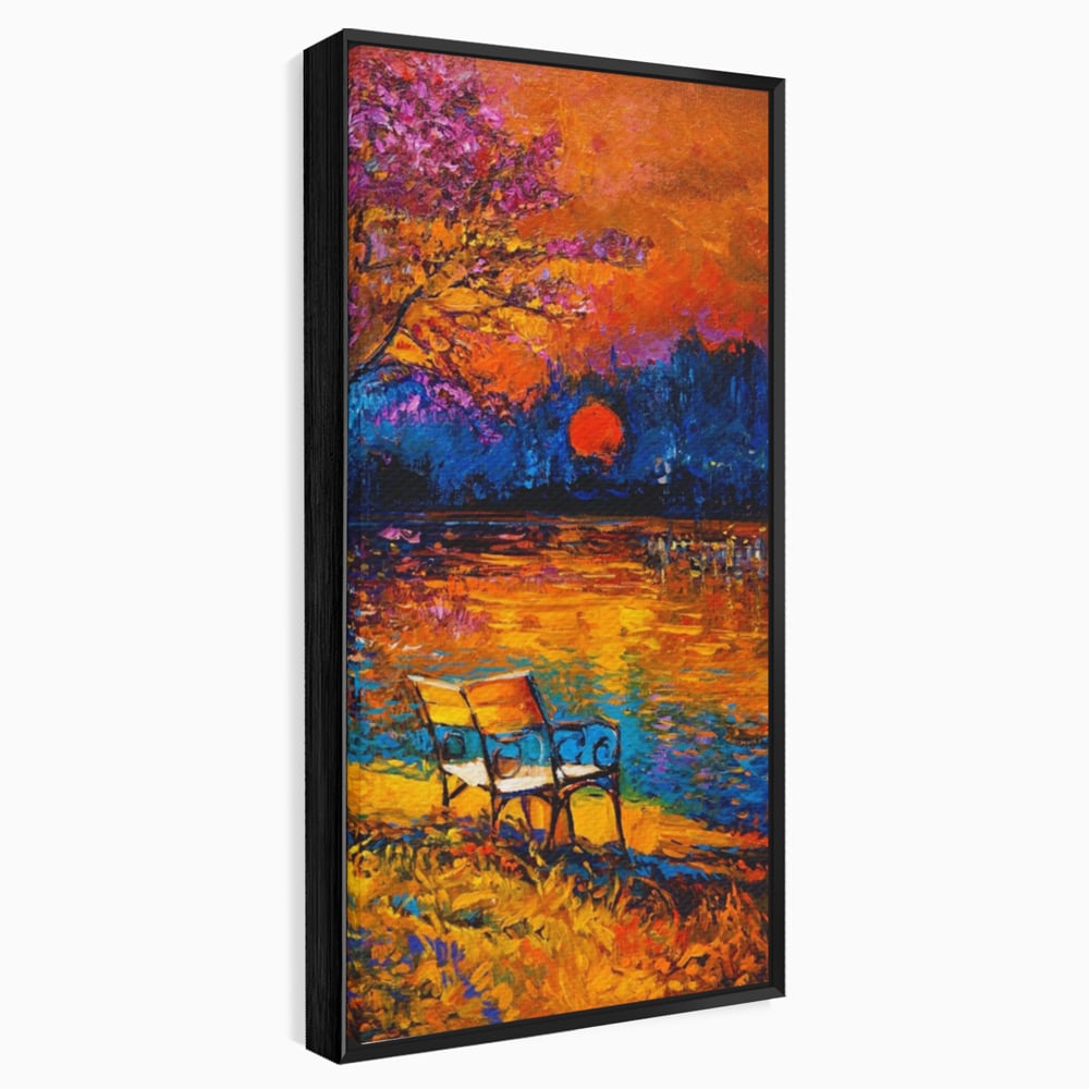Tablou Canvas Premium LuxCanva® A1284, Luna Rosie, Living, Banca, Lac, Padure, Copac, Dormitor, Culori Vibrante