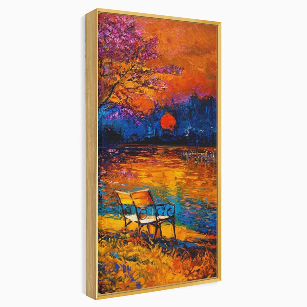 Tablou Canvas Premium LuxCanva® A1284, Luna Rosie, Living, Banca, Lac, Padure, Copac, Dormitor, Culori Vibrante