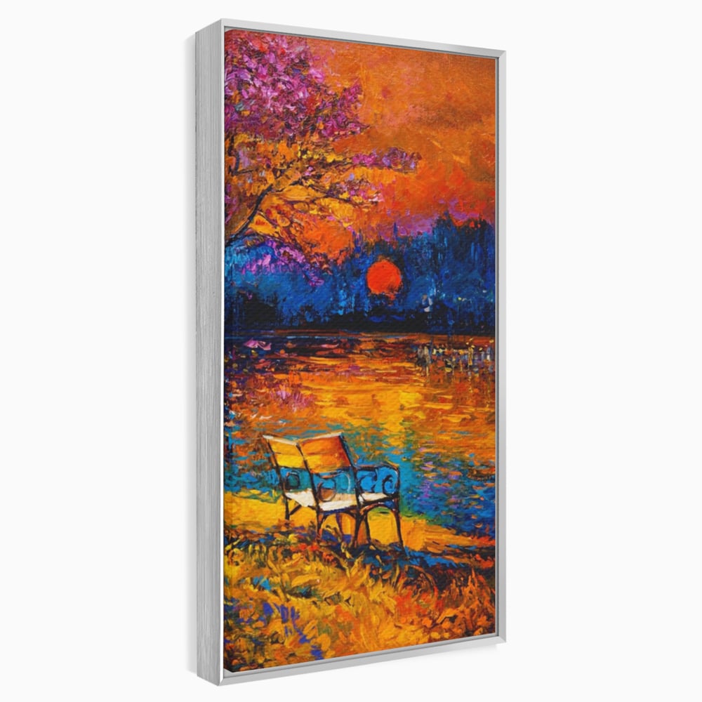 Tablou Canvas Premium LuxCanva® A1284, Luna Rosie, Living, Banca, Lac, Padure, Copac, Dormitor, Culori Vibrante