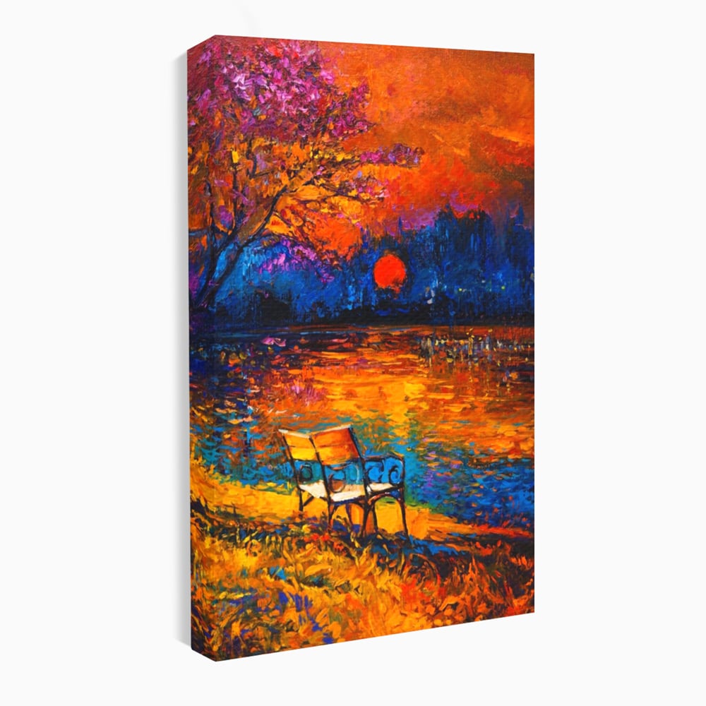 Tablou Canvas Premium LuxCanva® A1284, Luna Rosie, Living, Banca, Lac, Padure, Copac, Dormitor, Culori Vibrante