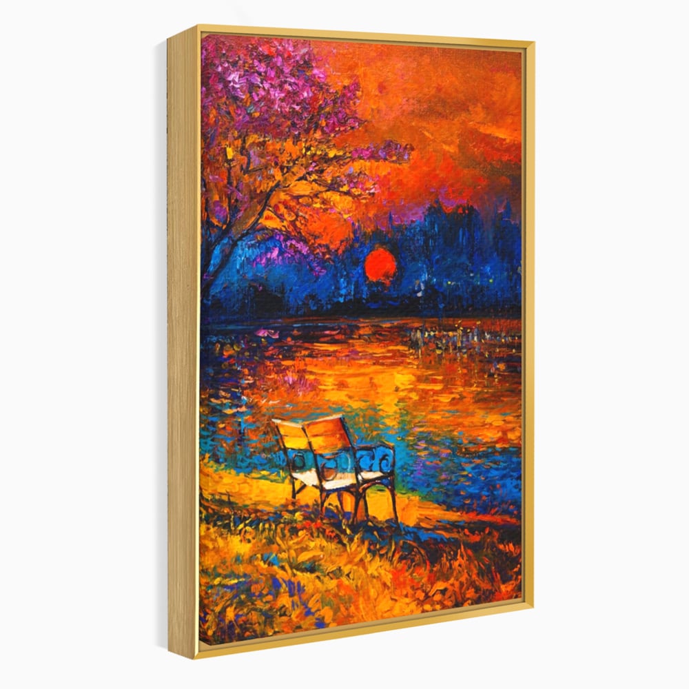 Tablou Canvas Premium LuxCanva® A1284, Luna Rosie, Living, Banca, Lac, Padure, Copac, Dormitor, Culori Vibrante