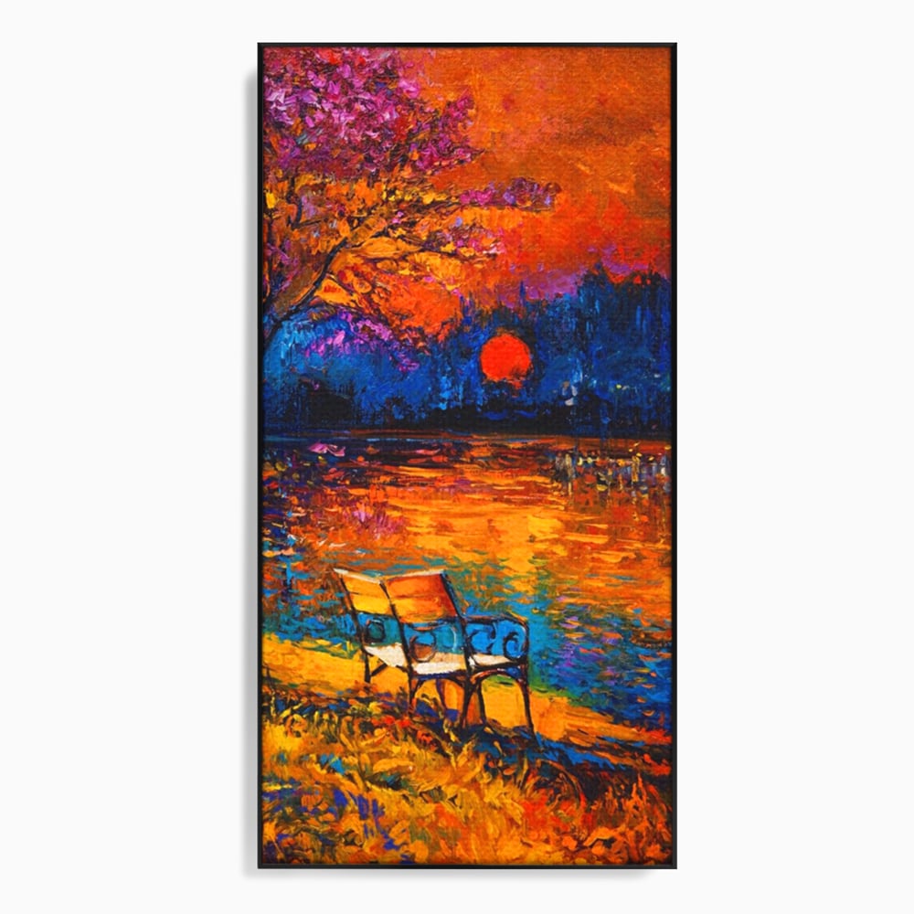 Tablou Canvas Premium LuxCanva® A1284, Luna Rosie, Living, Banca, Lac, Padure, Copac, Dormitor, Culori Vibrante