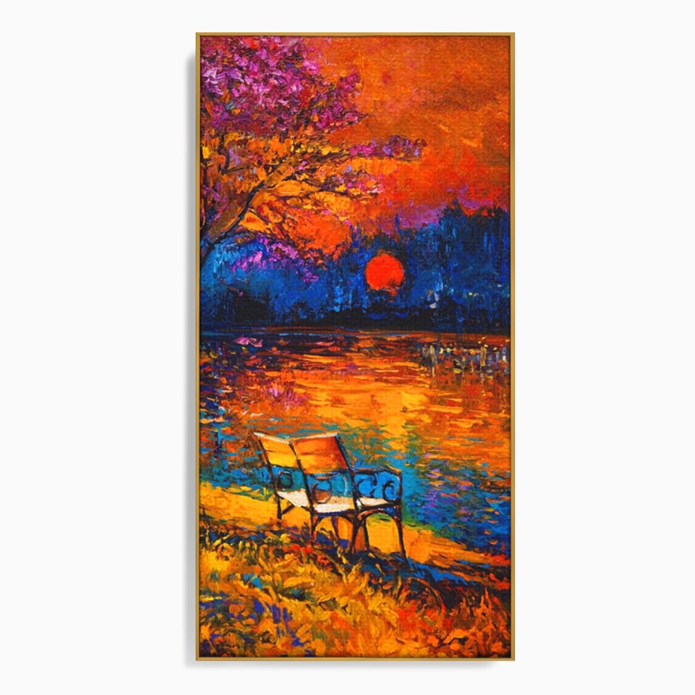 Tablou Canvas Premium LuxCanva® A1284, Luna Rosie, Living, Banca, Lac, Padure, Copac, Dormitor, Culori Vibrante