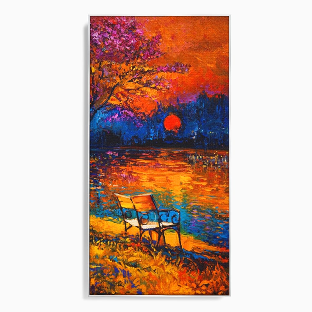 Tablou Canvas Premium LuxCanva® A1284, Luna Rosie, Living, Banca, Lac, Padure, Copac, Dormitor, Culori Vibrante