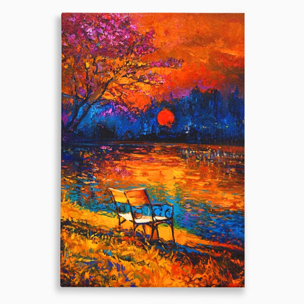 Tablou Canvas Premium LuxCanva® A1284, Luna Rosie, Living, Banca, Lac, Padure, Copac, Dormitor, Culori Vibrante