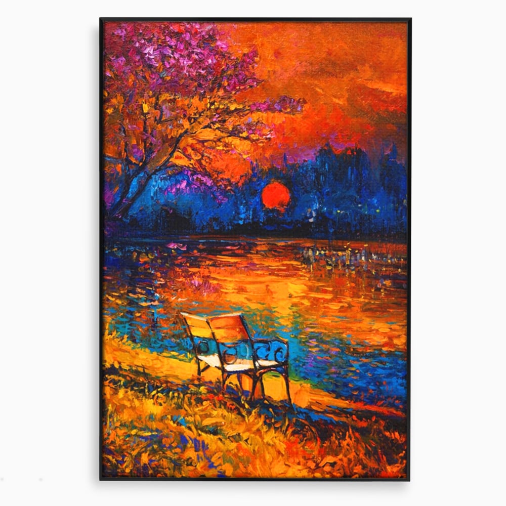 Tablou Canvas Premium LuxCanva® A1284, Luna Rosie, Living, Banca, Lac, Padure, Copac, Dormitor, Culori Vibrante