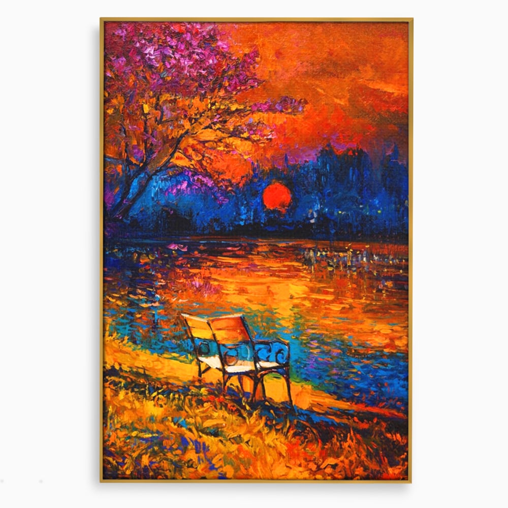 Tablou Canvas Premium LuxCanva® A1284, Luna Rosie, Living, Banca, Lac, Padure, Copac, Dormitor, Culori Vibrante