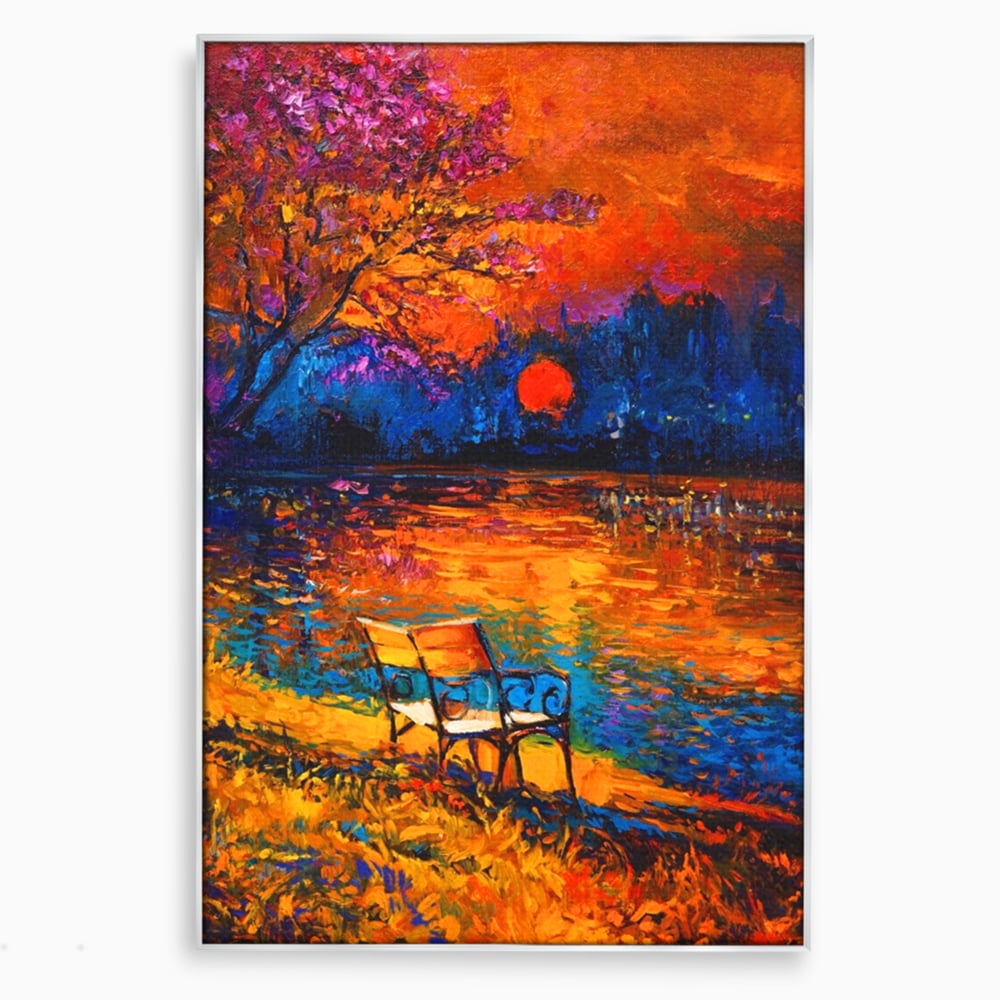 Tablou Canvas Premium LuxCanva® A1284, Luna Rosie, Living, Banca, Lac, Padure, Copac, Dormitor, Culori Vibrante