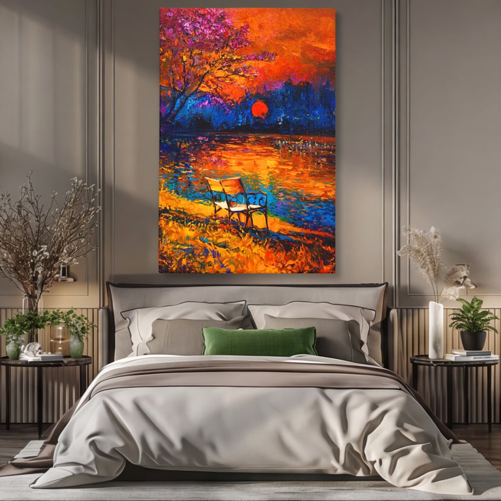 Tablou Canvas Premium LuxCanva® A1284, Luna Rosie, Living, Banca, Lac, Padure, Copac, Dormitor, Culori Vibrante