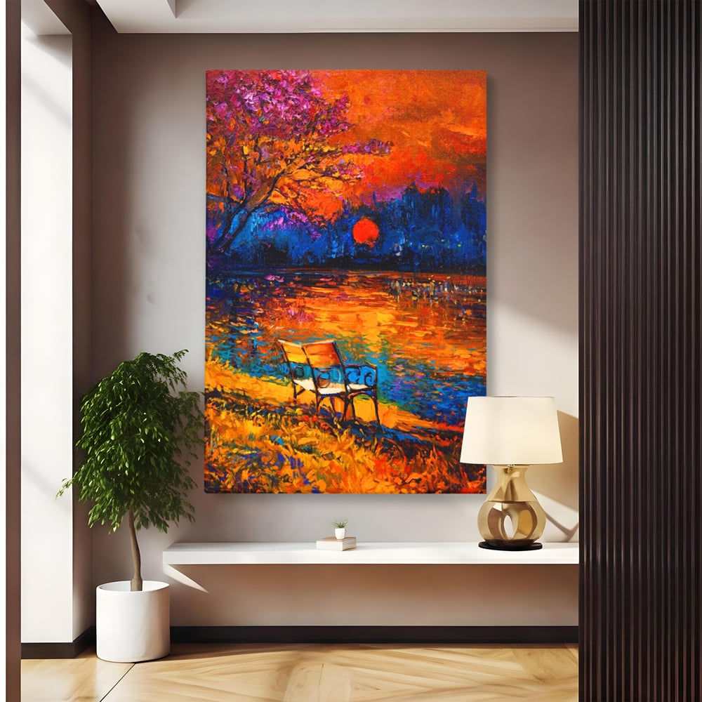 Tablou Canvas Premium LuxCanva® A1284, Luna Rosie, Living, Banca, Lac, Padure, Copac, Dormitor, Culori Vibrante