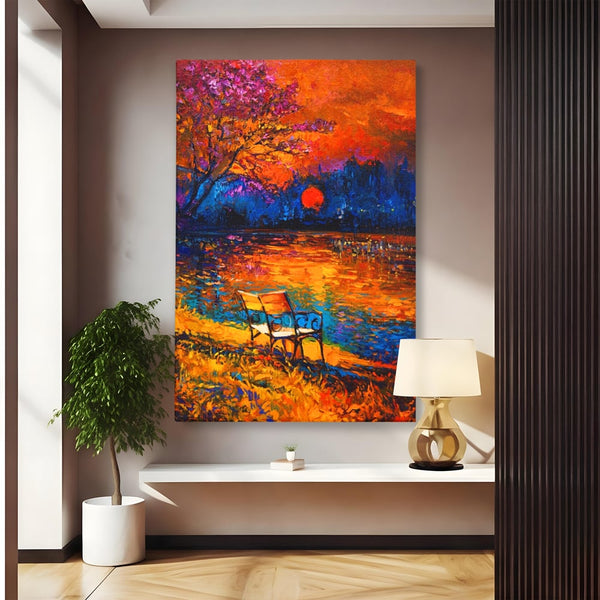 Tablou Canvas Premium LuxCanva® A1284, Luna Rosie, Living, Banca, Lac, Padure, Copac, Dormitor, Culori Vibrante