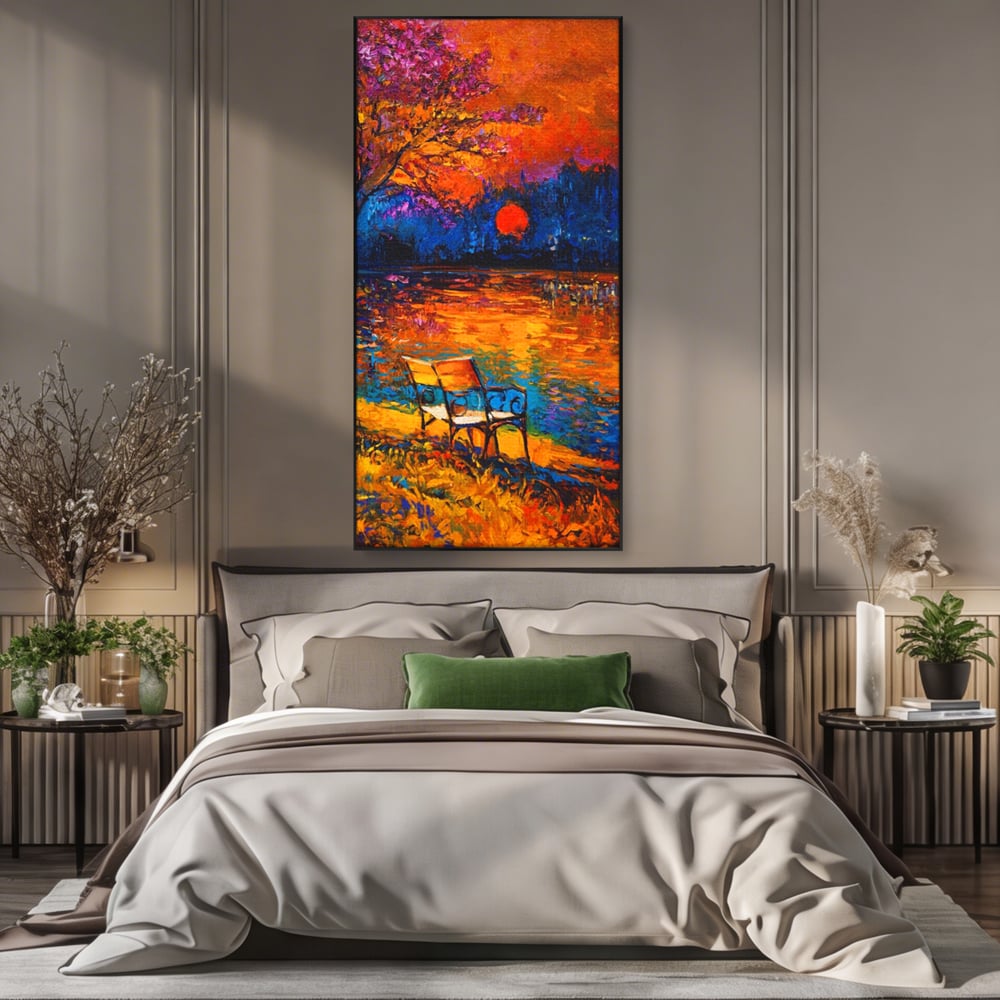 Tablou Canvas Premium LuxCanva® A1284, Luna Rosie, Living, Banca, Lac, Padure, Copac, Dormitor, Culori Vibrante