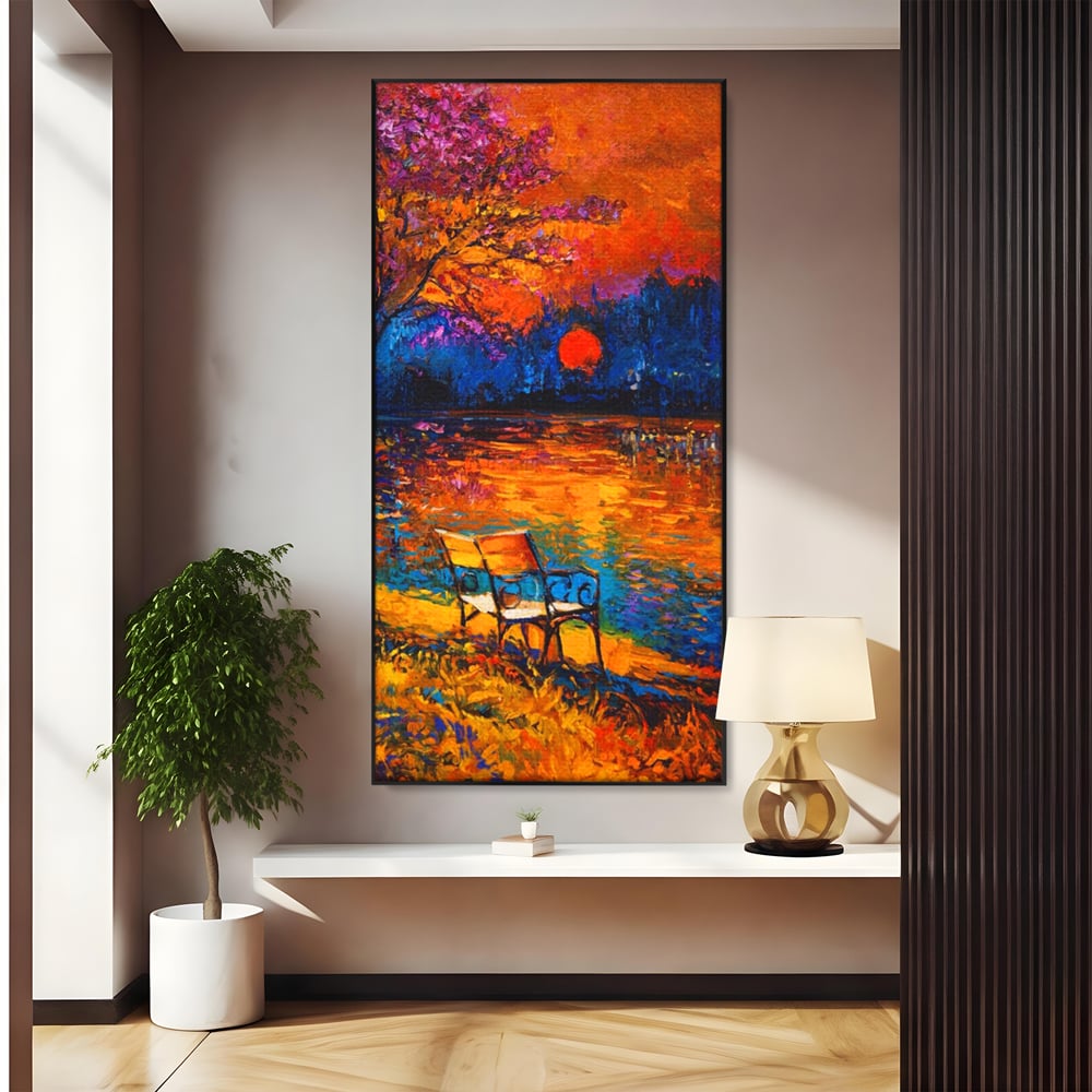 Tablou Canvas Premium LuxCanva® A1284, Luna Rosie, Living, Banca, Lac, Padure, Copac, Dormitor, Culori Vibrante