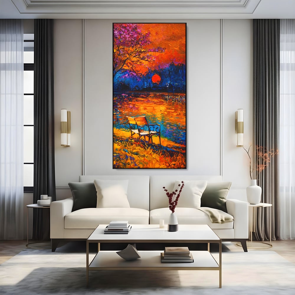 Tablou Canvas Premium LuxCanva® A1284, Luna Rosie, Living, Banca, Lac, Padure, Copac, Dormitor, Culori Vibrante