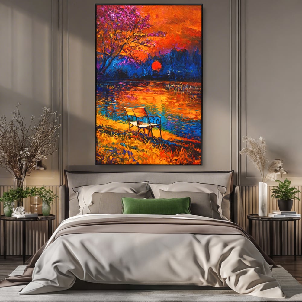 Tablou Canvas Premium LuxCanva® A1284, Luna Rosie, Living, Banca, Lac, Padure, Copac, Dormitor, Culori Vibrante