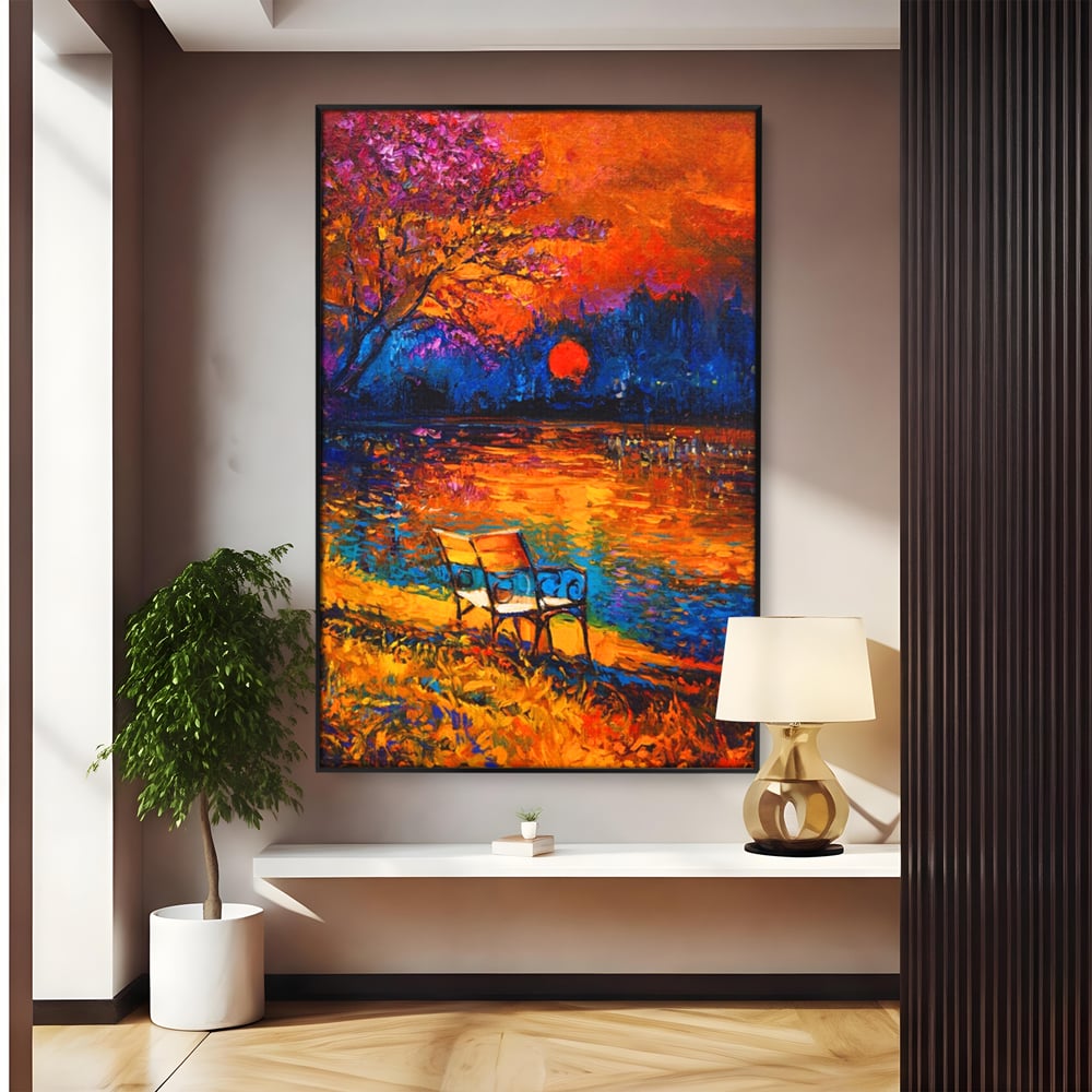 Tablou Canvas Premium LuxCanva® A1284, Luna Rosie, Living, Banca, Lac, Padure, Copac, Dormitor, Culori Vibrante