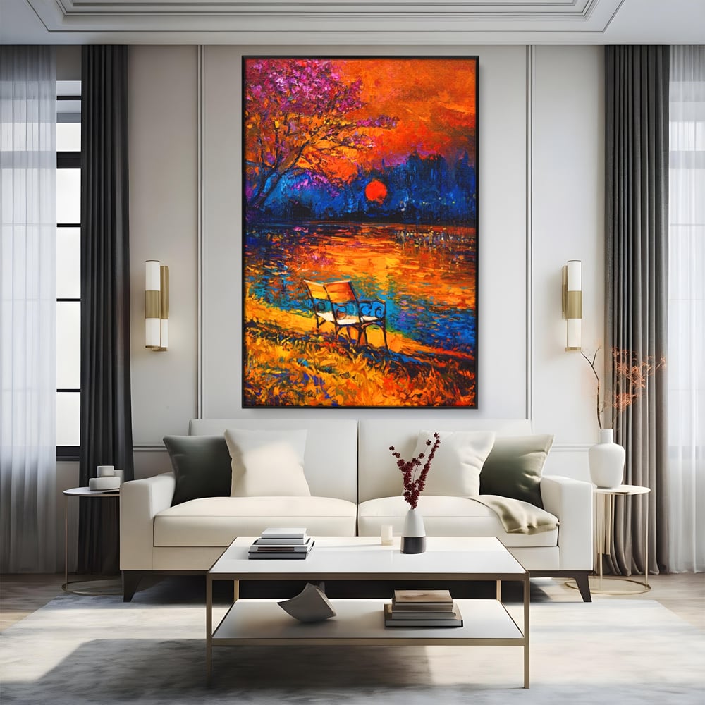 Tablou Canvas Premium LuxCanva® A1284, Luna Rosie, Living, Banca, Lac, Padure, Copac, Dormitor, Culori Vibrante